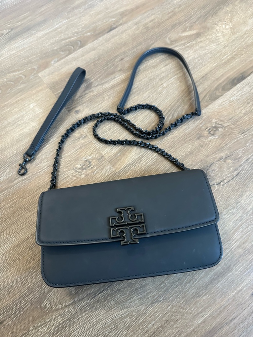 Tory Burch Black Leather Crossbody with Logo Chain